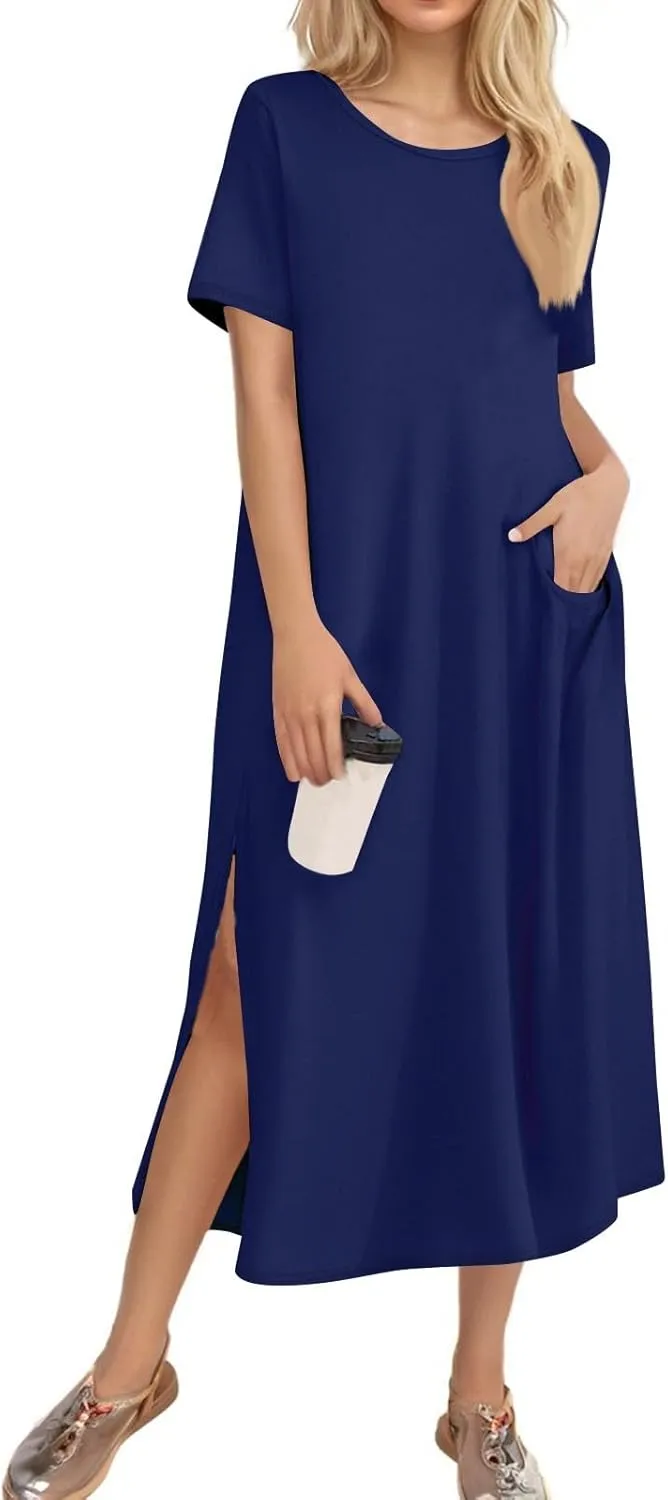 Womens Dresses Slit Short Sleeve Round Neck Sexy Bohemian Casual Loose Fit Dress