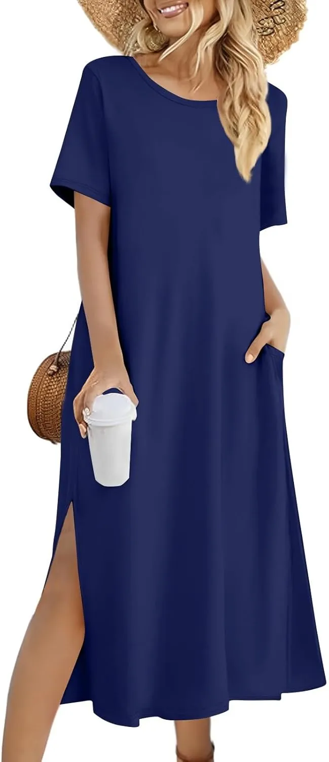 Womens Dresses Slit Short Sleeve Round Neck Sexy Bohemian Casual Loose Fit Dress