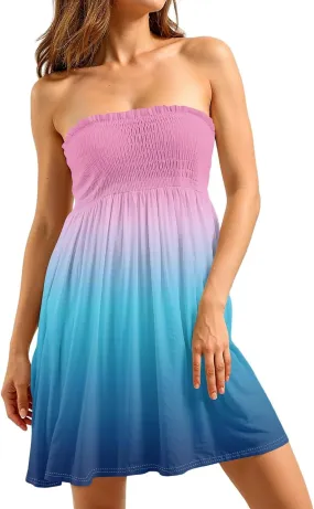 Womens Dresses Strapless Tube Smocked High Waist Gradient Print Elegant Party Casual Dress