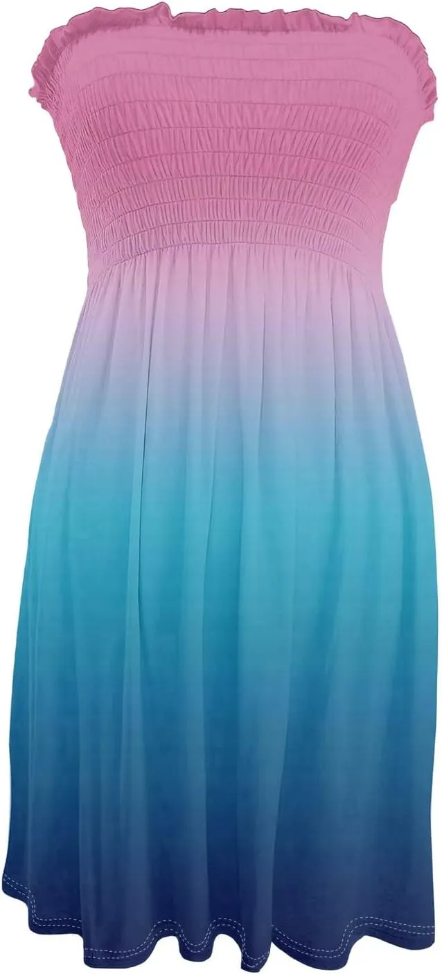 Womens Dresses Strapless Tube Smocked High Waist Gradient Print Elegant Party Casual Dress