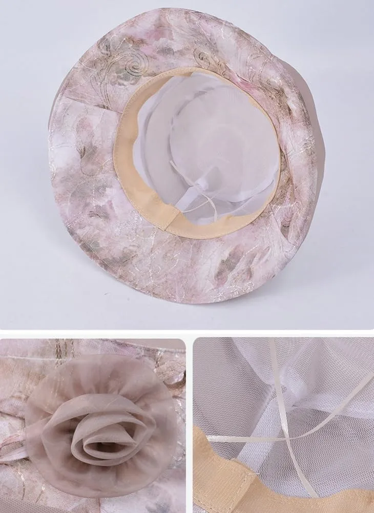 Womens Flower Sun Hats Breathable Bucket Hats Elegant Ladies Fishing Hats Floppy Wide Brim Hat Sun Cap Summer Spring