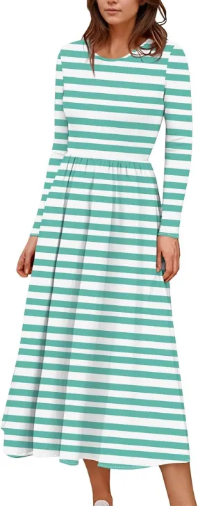 Womens Formal Long Sleeve Crewneck Maxi Dresses Vacation Casual Graphic Print Summer Dress