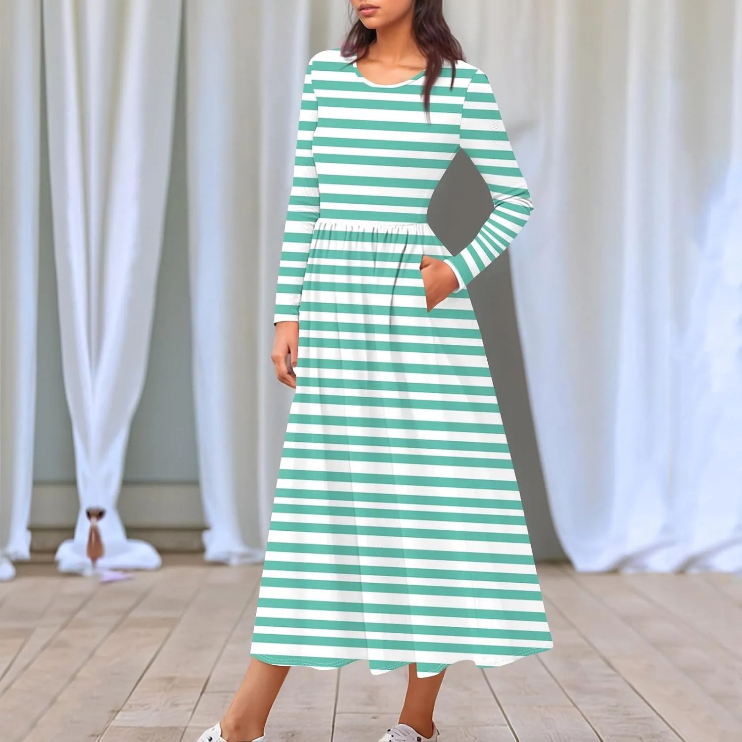 Womens Formal Long Sleeve Crewneck Maxi Dresses Vacation Casual Graphic Print Summer Dress