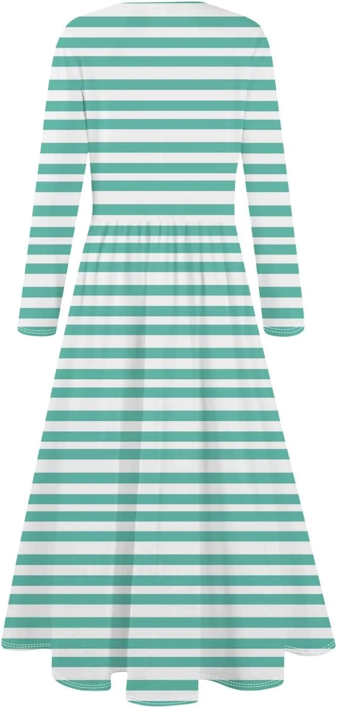 Womens Formal Long Sleeve Crewneck Maxi Dresses Vacation Casual Graphic Print Summer Dress