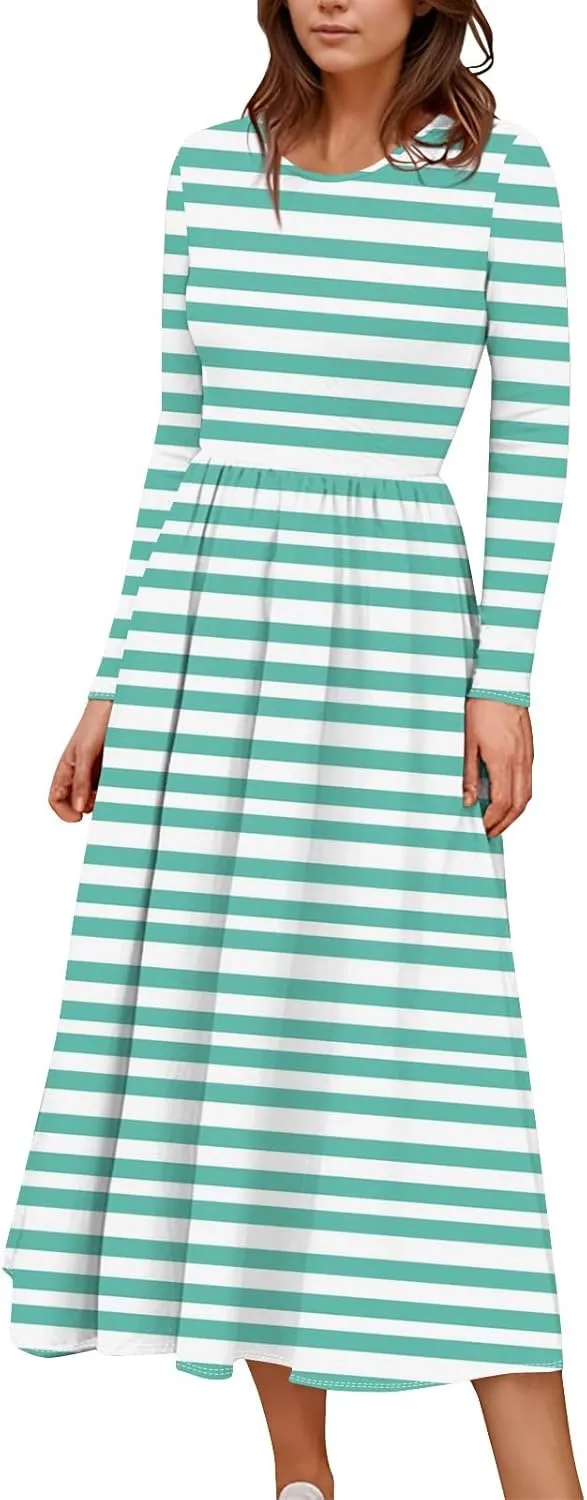Womens Formal Long Sleeve Crewneck Maxi Dresses Vacation Casual Graphic Print Summer Dress