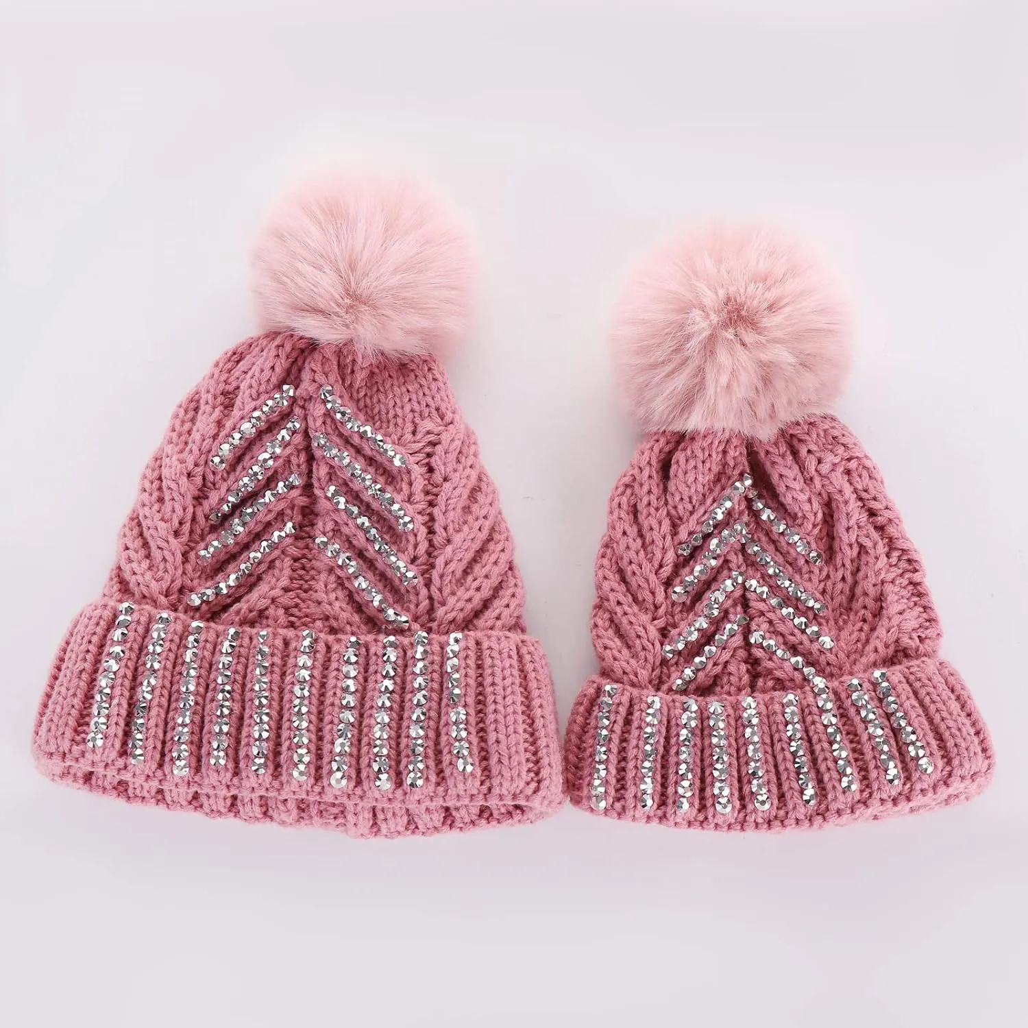Womens Girls Winter Sequin Beanie Hat with Faux Fur Pom Pom Knit Skull Cap Rhinestone Beanie Hat Fashion Outfits