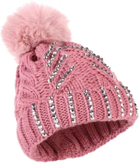 Womens Girls Winter Sequin Beanie Hat with Faux Fur Pom Pom Knit Skull Cap Rhinestone Beanie Hat Fashion Outfits