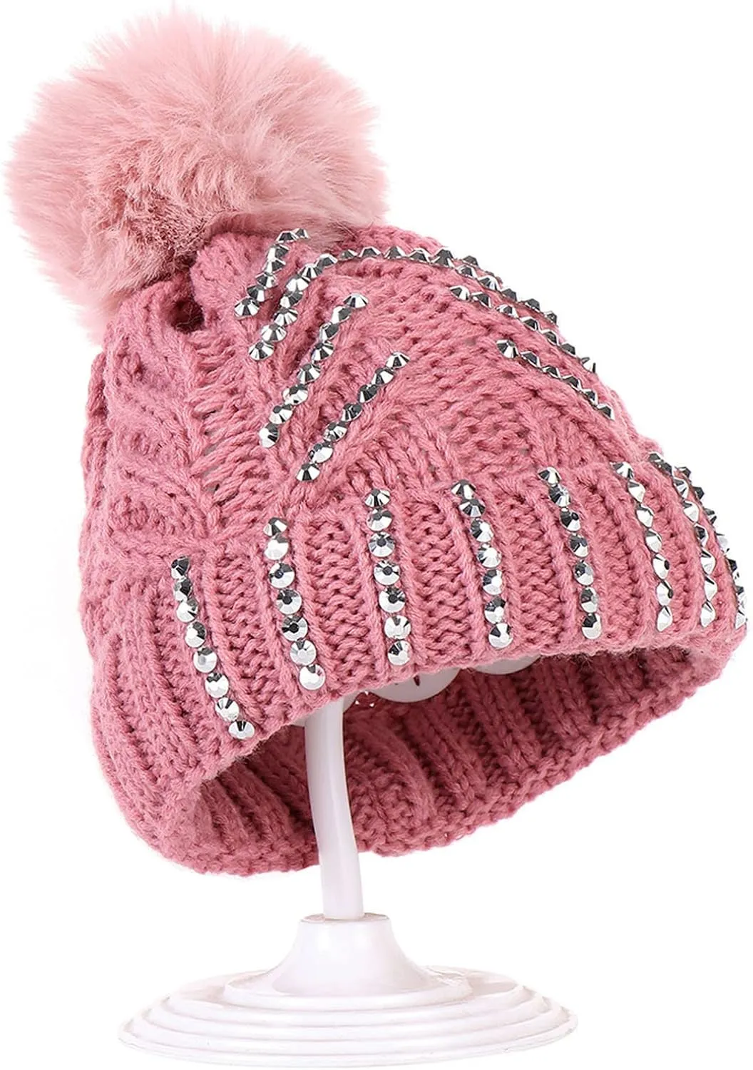 Womens Girls Winter Sequin Beanie Hat with Faux Fur Pom Pom Knit Skull Cap Rhinestone Beanie Hat Fashion Outfits