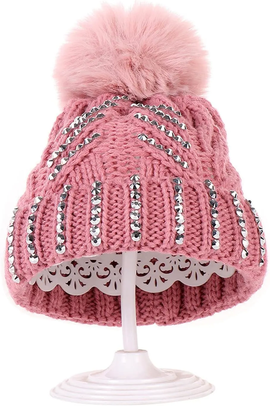Womens Girls Winter Sequin Beanie Hat with Faux Fur Pom Pom Knit Skull Cap Rhinestone Beanie Hat Fashion Outfits