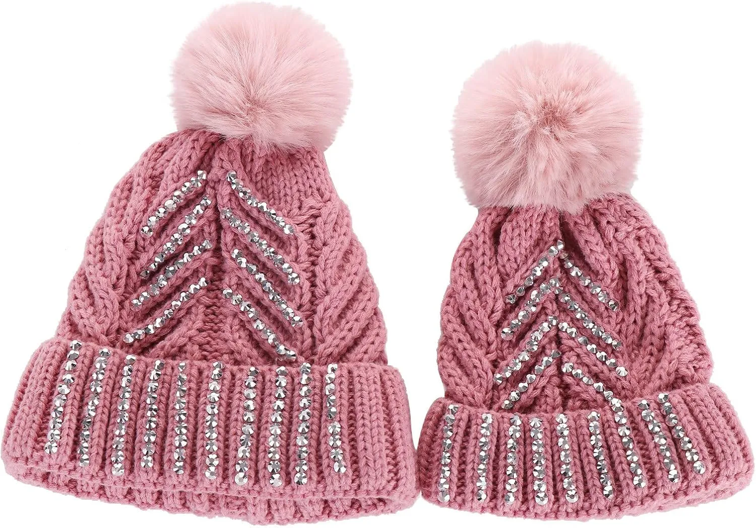 Womens Girls Winter Sequin Beanie Hat with Faux Fur Pom Pom Knit Skull Cap Rhinestone Beanie Hat Fashion Outfits