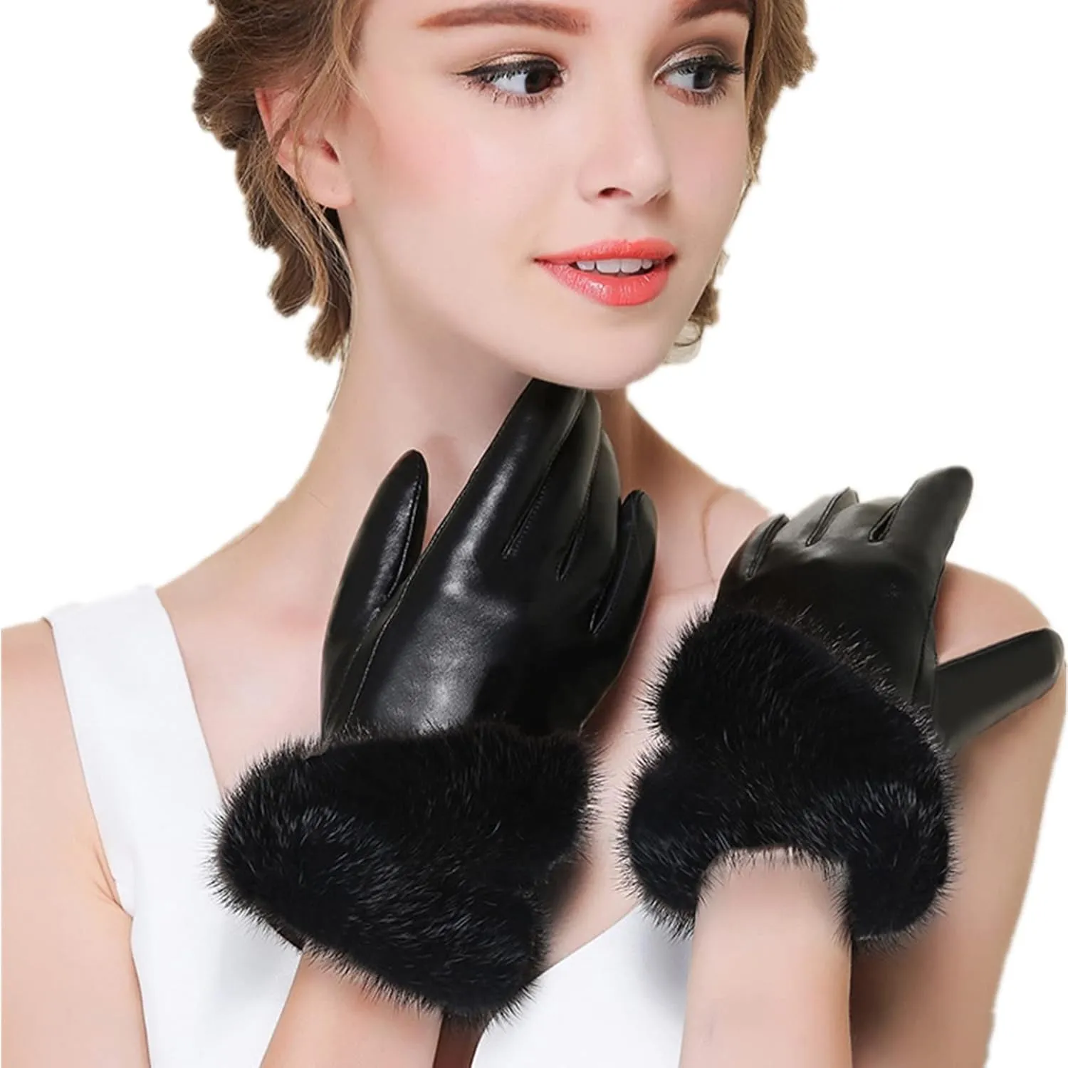 Womens Gloves Leather Gloves Touch Screen Gloves Windproof and Warm Driving Gloves for Cold Weather(Black,Medium)