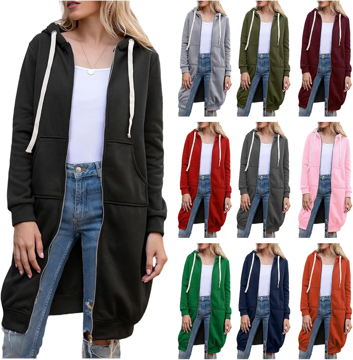 Womens Hoodies Casual Zip Up Hooded Jacket Oversized Drawstring Mid Length Sweatshirt with Pockets 2024 Fall