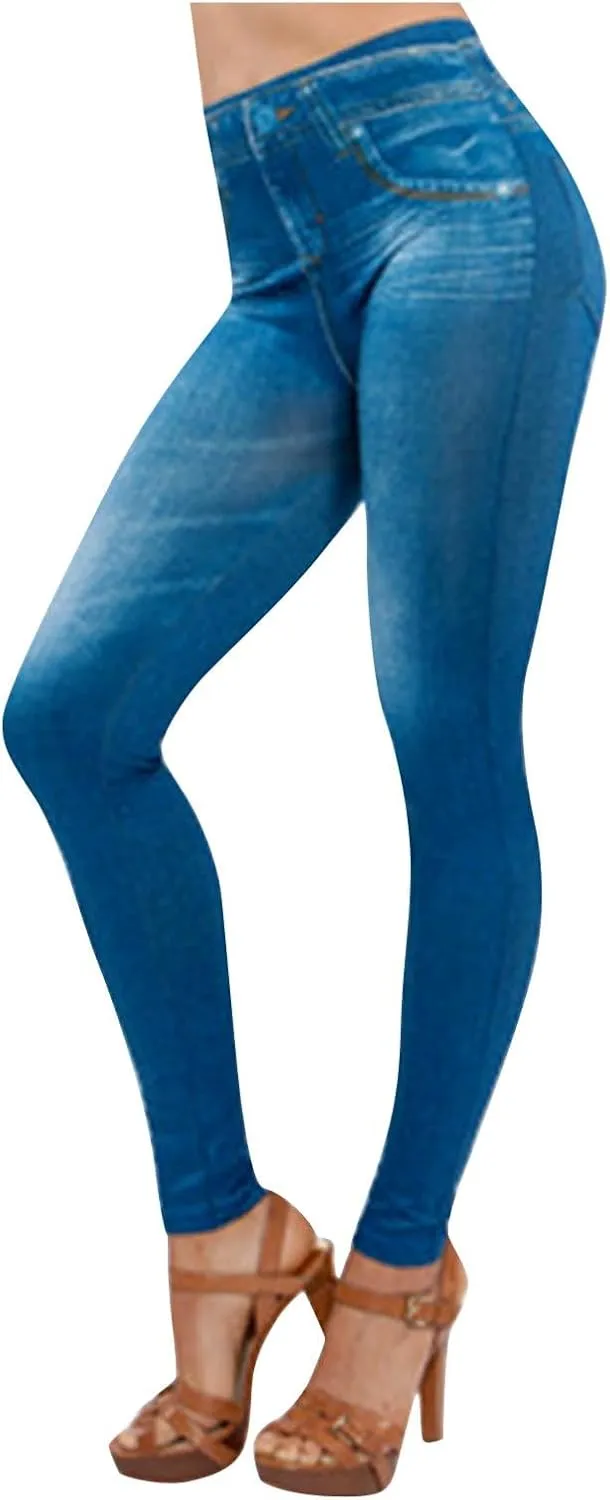 Womens Leggings Denim Tights Tummy Control Jeggings Stretch Leggings High Waisted Workout Leggings Skinny Yoga Pants