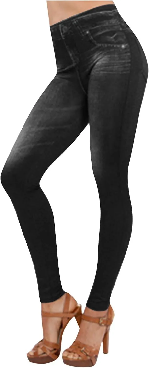 Womens Leggings Denim Tights Tummy Control Jeggings Stretch Leggings High Waisted Workout Leggings Skinny Yoga Pants