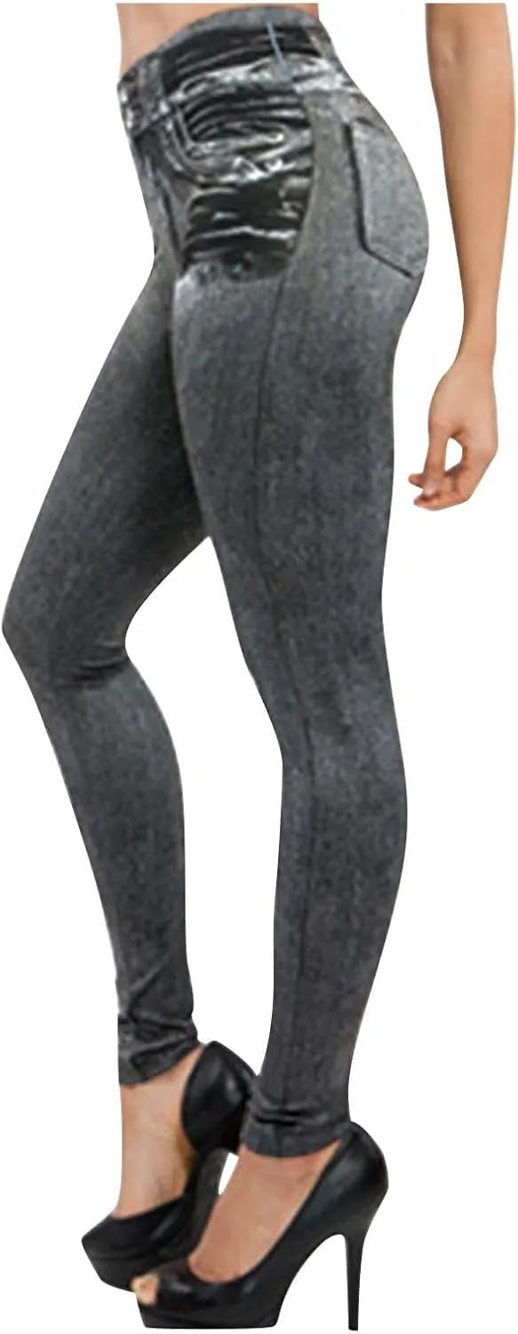 Womens Leggings Denim Tights Tummy Control Jeggings Stretch Leggings High Waisted Workout Leggings Skinny Yoga Pants