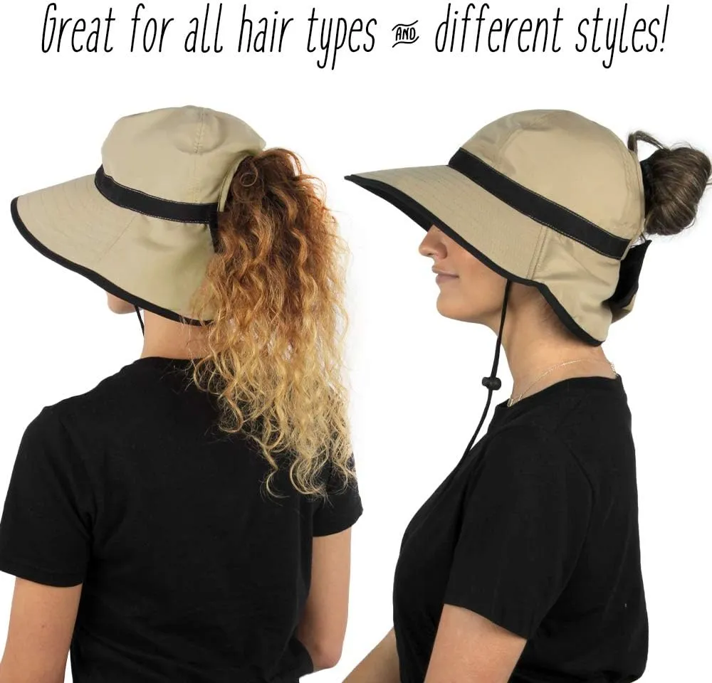 Womens Outdoor Ponytail Drawstring Bucket Hat with Full Back Opening
