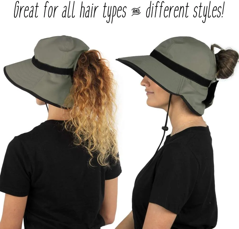 Womens Outdoor Ponytail Drawstring Bucket Hat with Full Back Opening
