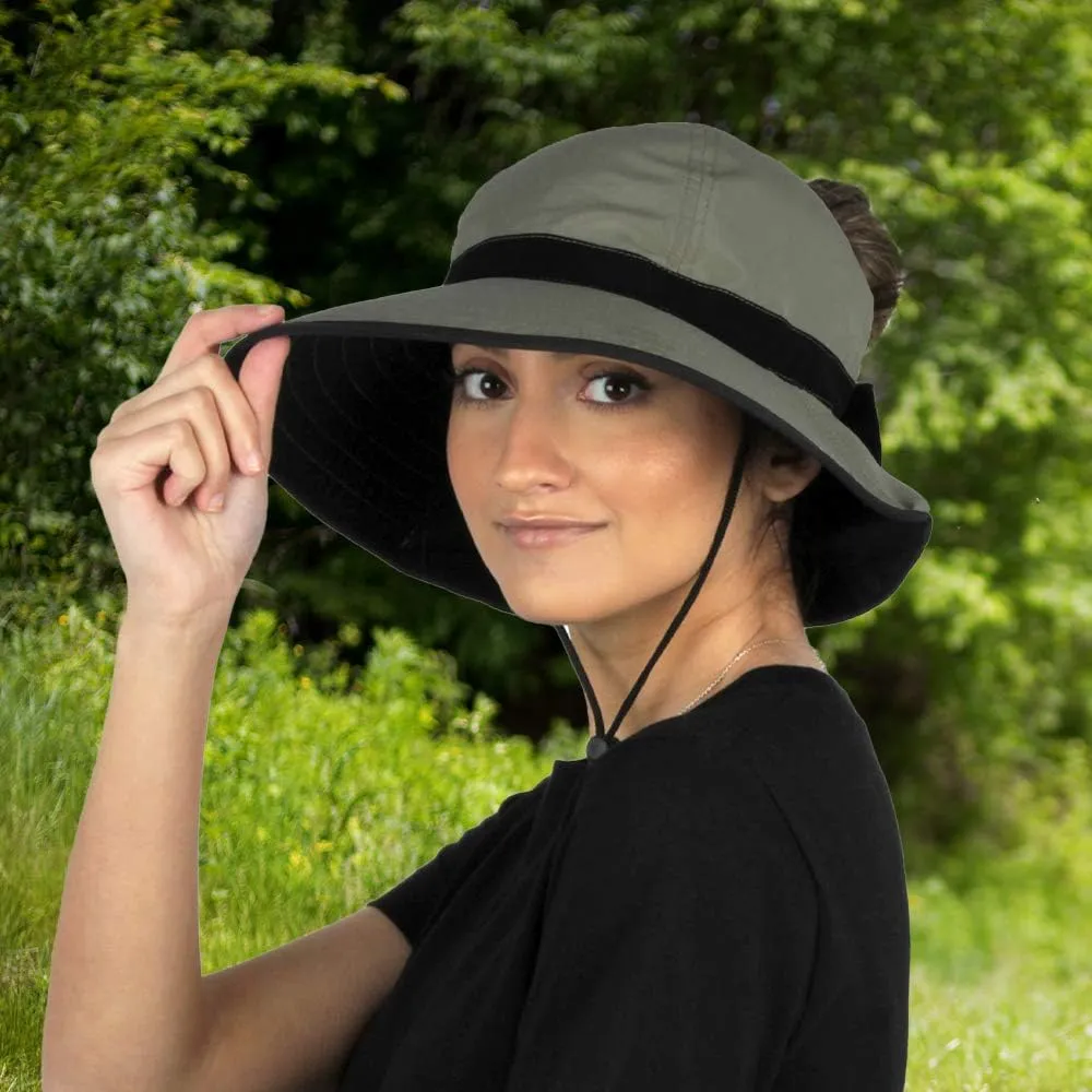 Womens Outdoor Ponytail Drawstring Bucket Hat with Full Back Opening