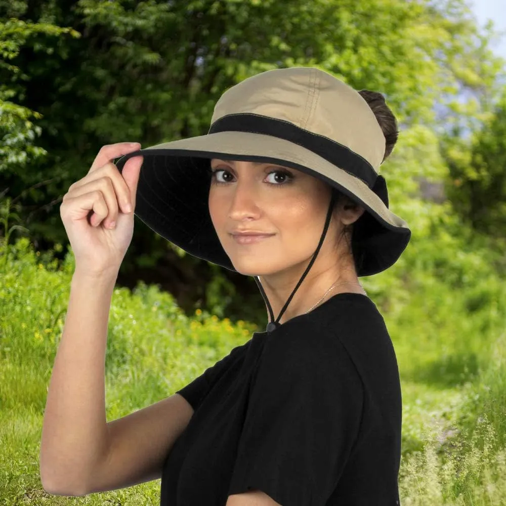 Womens Outdoor Ponytail Drawstring Bucket Hat with Full Back Opening