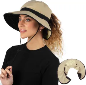 Womens Outdoor Ponytail Drawstring Bucket Hat with Full Back Opening