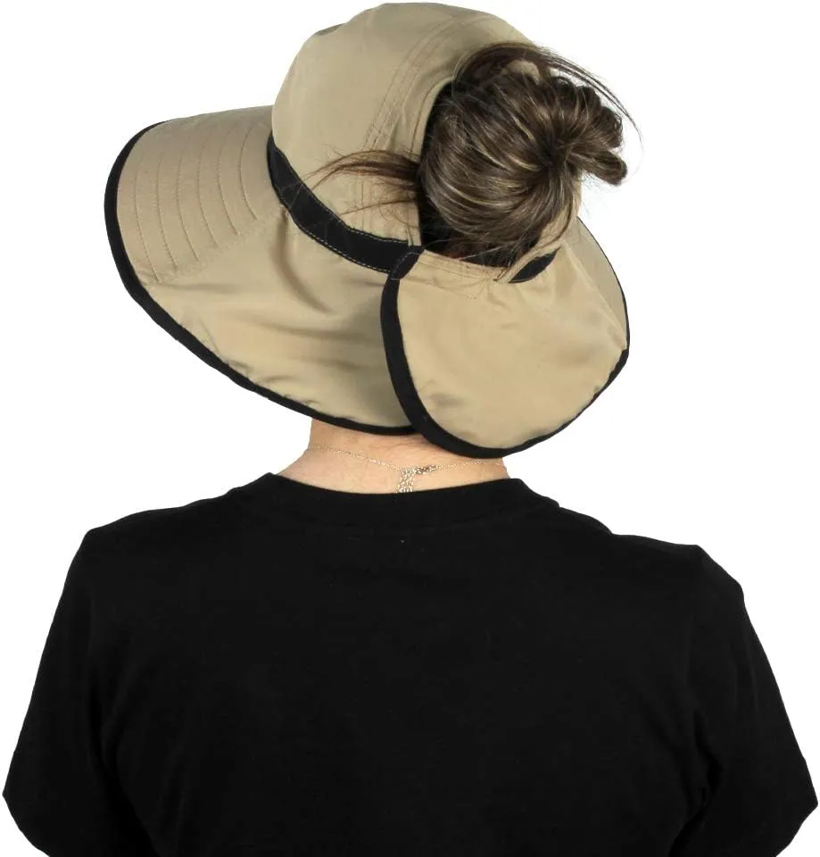 Womens Outdoor Ponytail Drawstring Bucket Hat with Full Back Opening