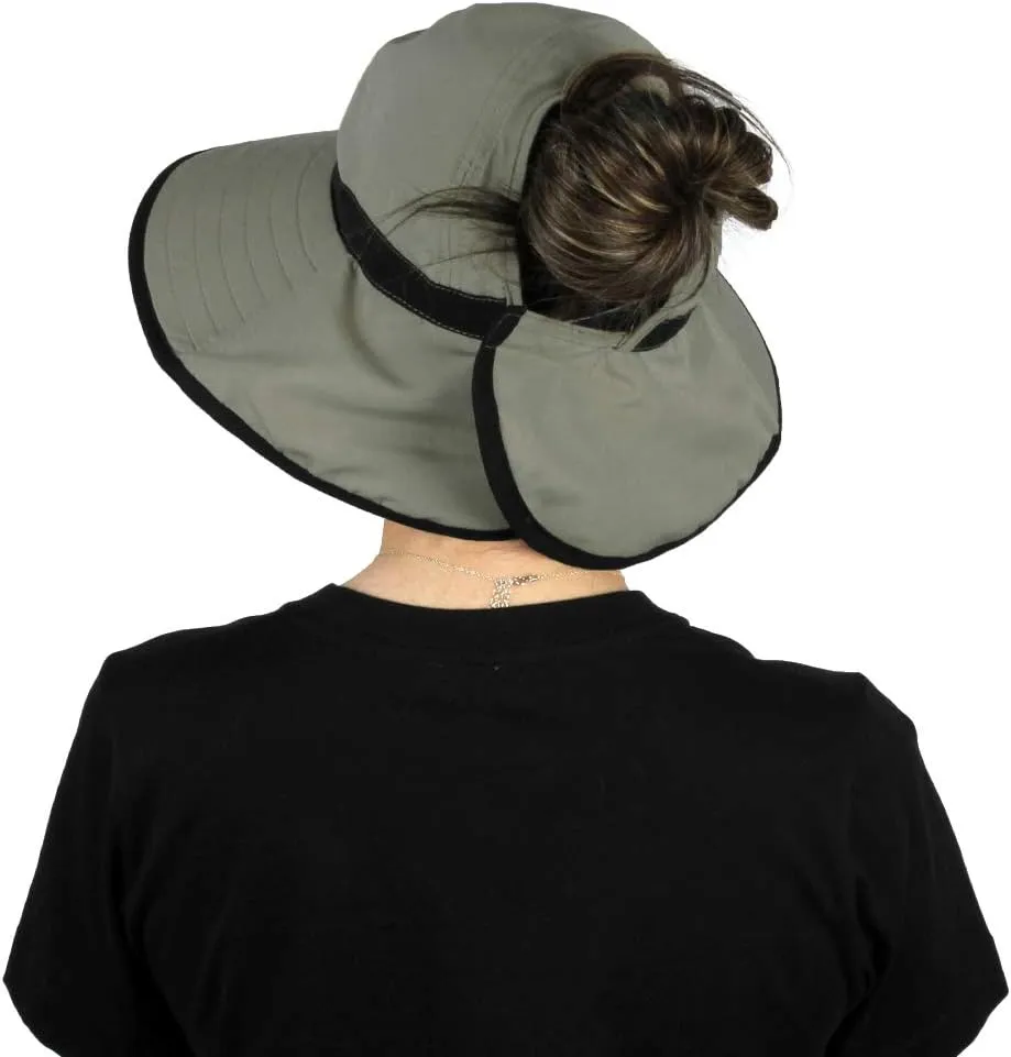 Womens Outdoor Ponytail Drawstring Bucket Hat with Full Back Opening