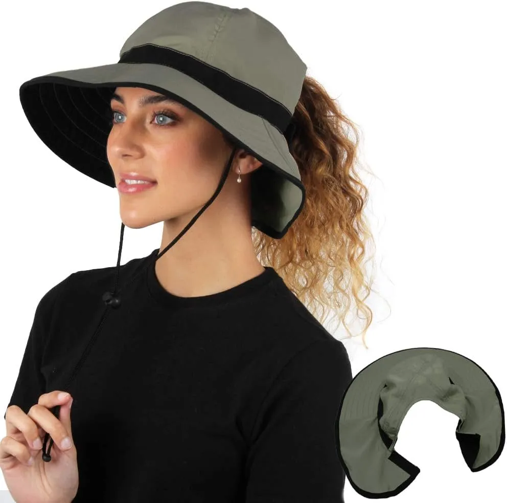 Womens Outdoor Ponytail Drawstring Bucket Hat with Full Back Opening