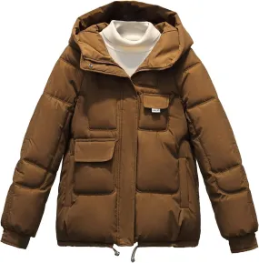 Womens Puffer Jacket With Hood Quilted Womens Puffer Winter Long Sleeve Lightweight Jackets Basic Baggy Pullover