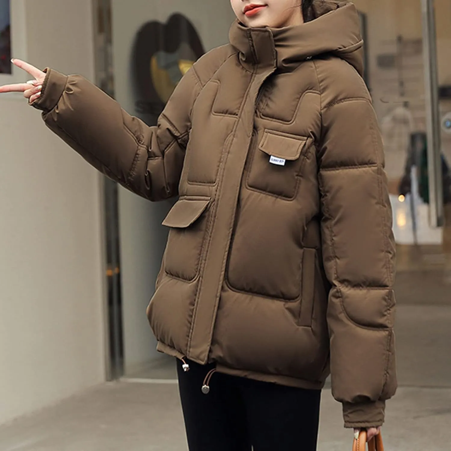 Womens Puffer Jacket With Hood Quilted Womens Puffer Winter Long Sleeve Lightweight Jackets Basic Baggy Pullover