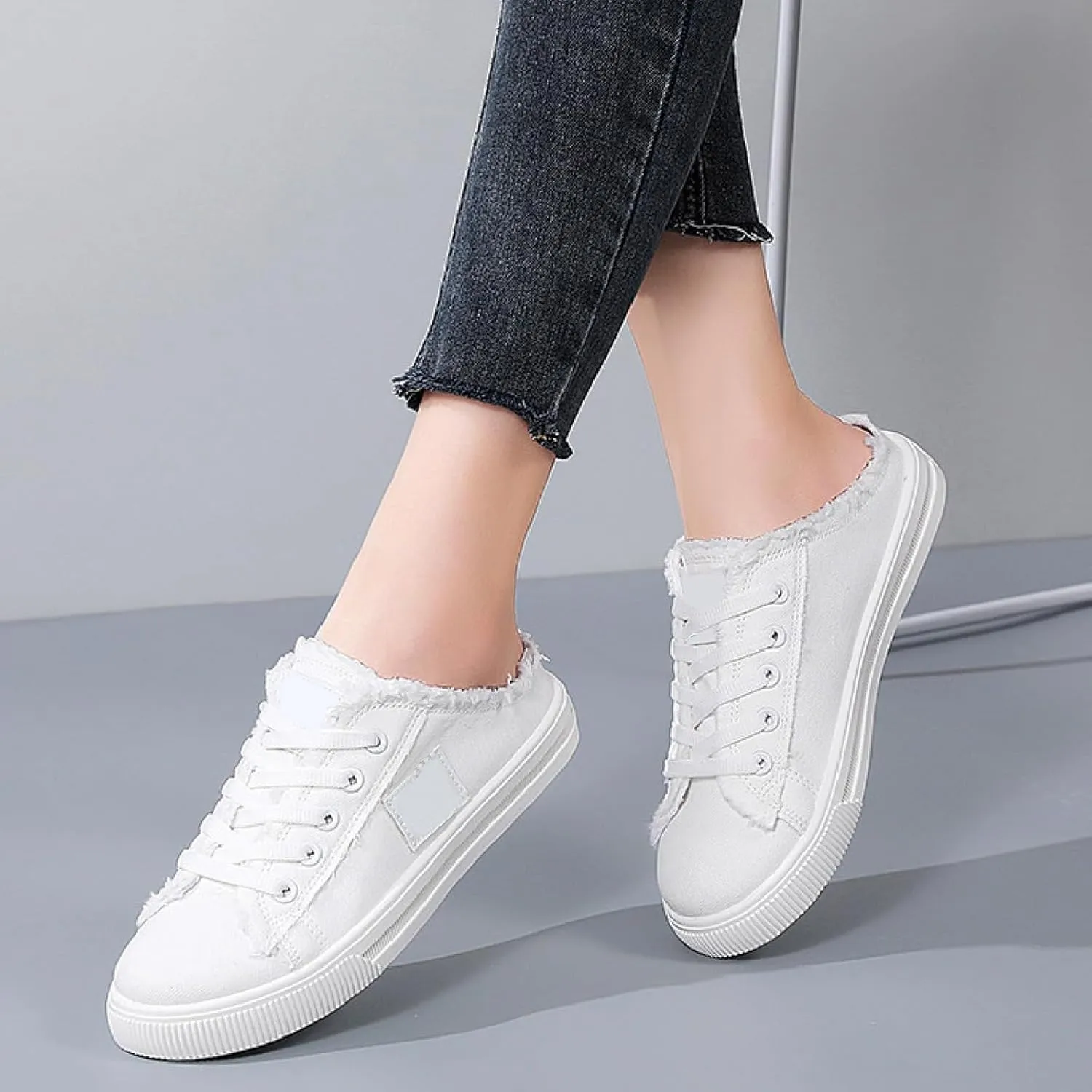 Womens Slip On Sneakers Fashion Comfortable Memory Foam Canvas Mules Shoes Casual Backless Loafers Slippers for Women