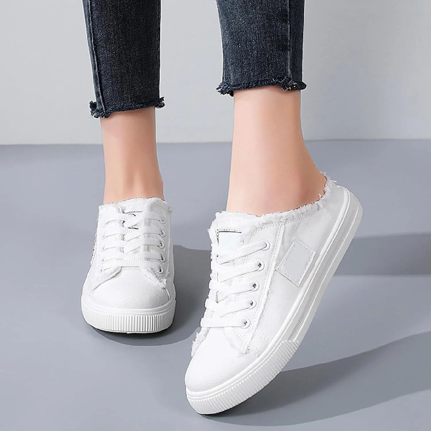 Womens Slip On Sneakers Fashion Comfortable Memory Foam Canvas Mules Shoes Casual Backless Loafers Slippers for Women