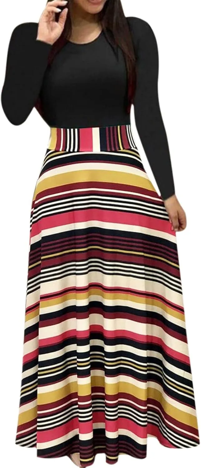 Womens Spring Fashion Slimming Long Sleeve Floral Print Dresses Classy Crewneck Long Dress