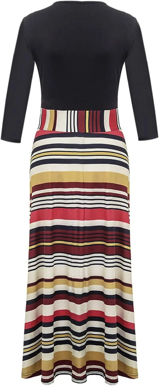 Womens Spring Fashion Slimming Long Sleeve Floral Print Dresses Classy Crewneck Long Dress