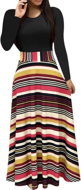 Womens Spring Fashion Slimming Long Sleeve Floral Print Dresses Classy Crewneck Long Dress