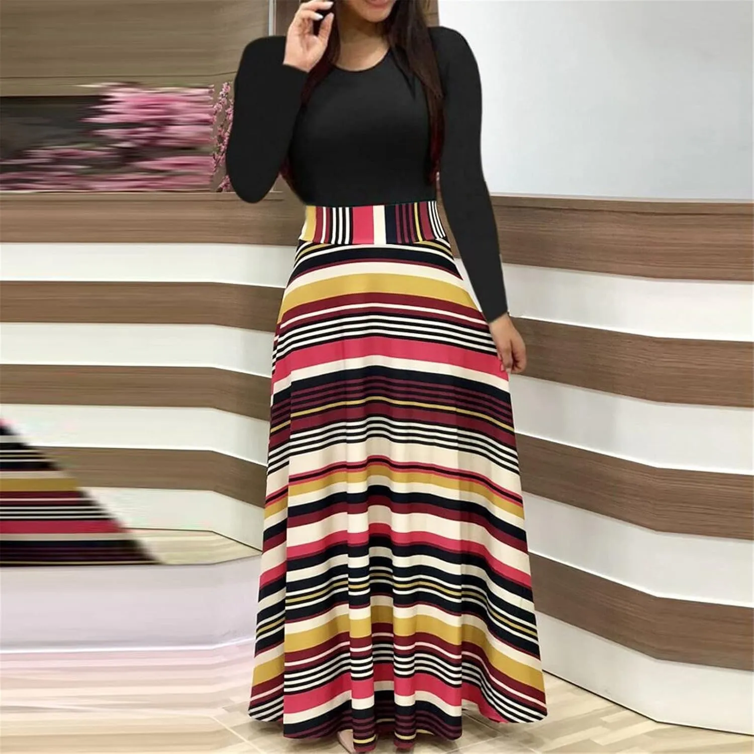Womens Spring Fashion Slimming Long Sleeve Floral Print Dresses Classy Crewneck Long Dress
