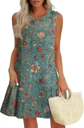 Womens Summer Dresses Casual Sleeveless Mini Dresses Ruffle Hem Crewneck Trendy Work Dress