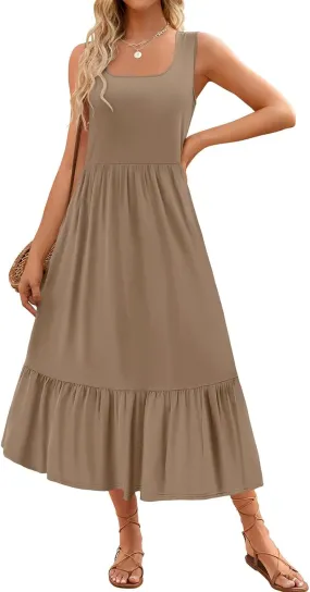 Womens Summer Sleeveless Dresses Casual Loose Plain Maxi Sundress Smocked Tank Dress