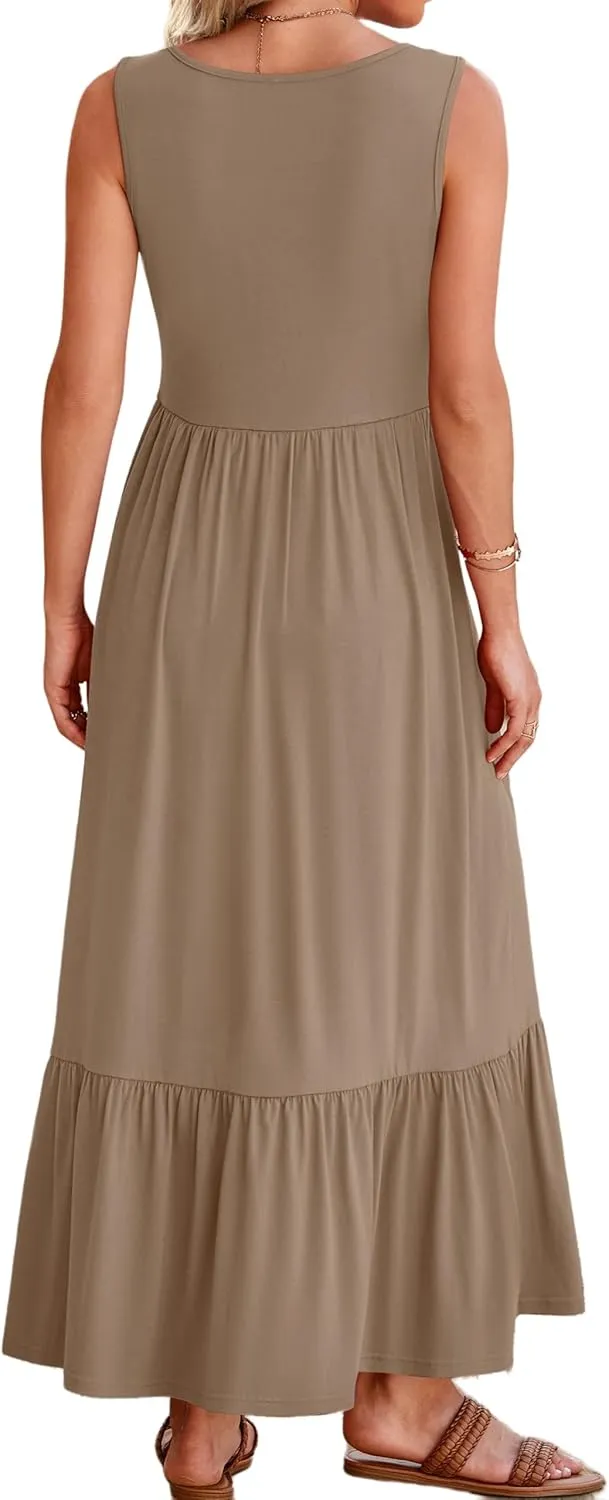 Womens Summer Sleeveless Dresses Casual Loose Plain Maxi Sundress Smocked Tank Dress