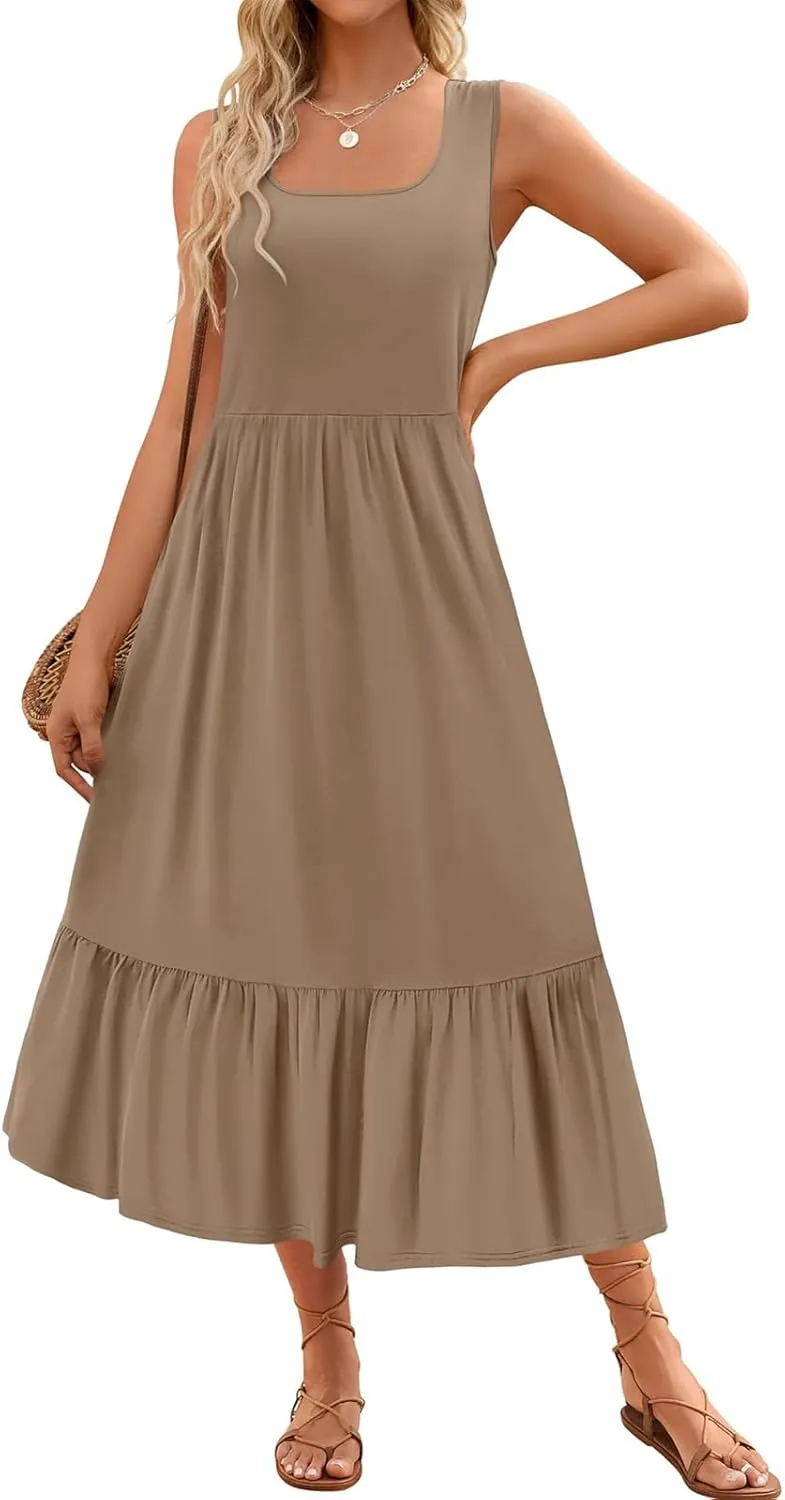 Womens Summer Sleeveless Dresses Casual Loose Plain Maxi Sundress Smocked Tank Dress
