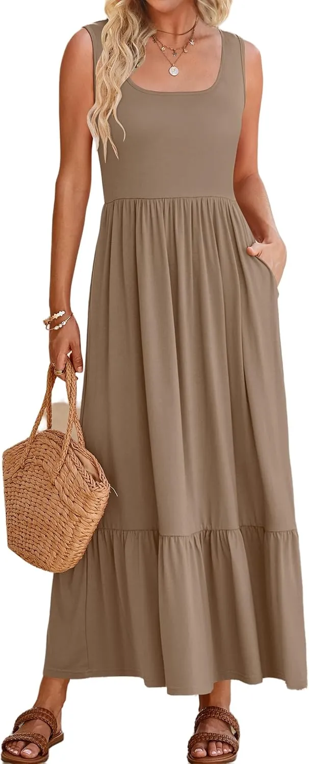 Womens Summer Sleeveless Dresses Casual Loose Plain Maxi Sundress Smocked Tank Dress