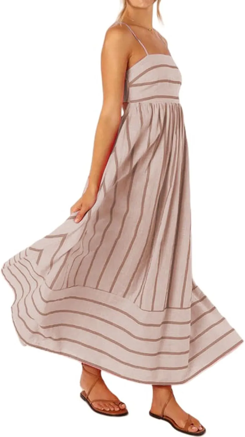 Womens Summer Striped Back Smocked Maxi Sundresses Sleeveless Suspender Swing Casual Bohemian Dress