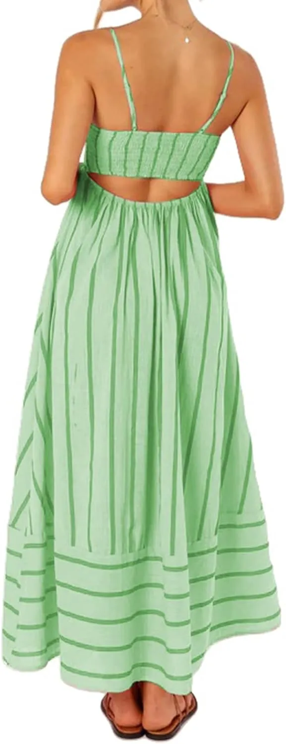 Womens Summer Striped Back Smocked Maxi Sundresses Sleeveless Suspender Swing Casual Bohemian Dress
