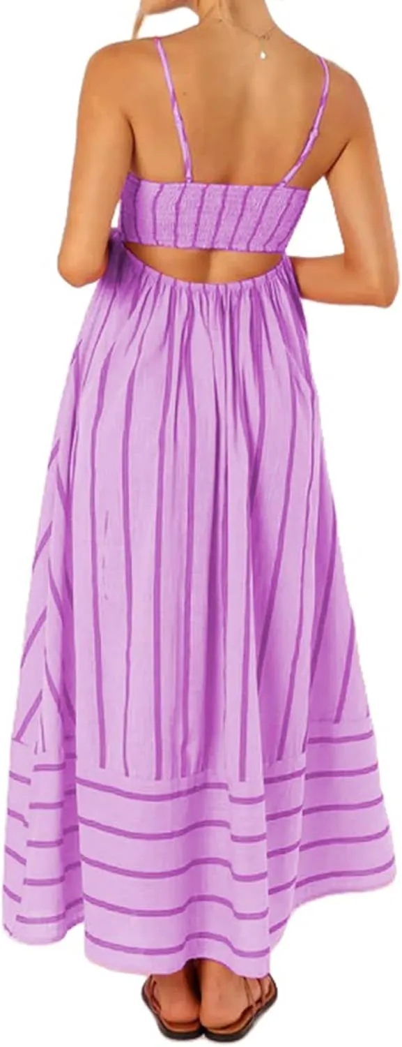Womens Summer Striped Back Smocked Maxi Sundresses Sleeveless Suspender Swing Casual Bohemian Dress