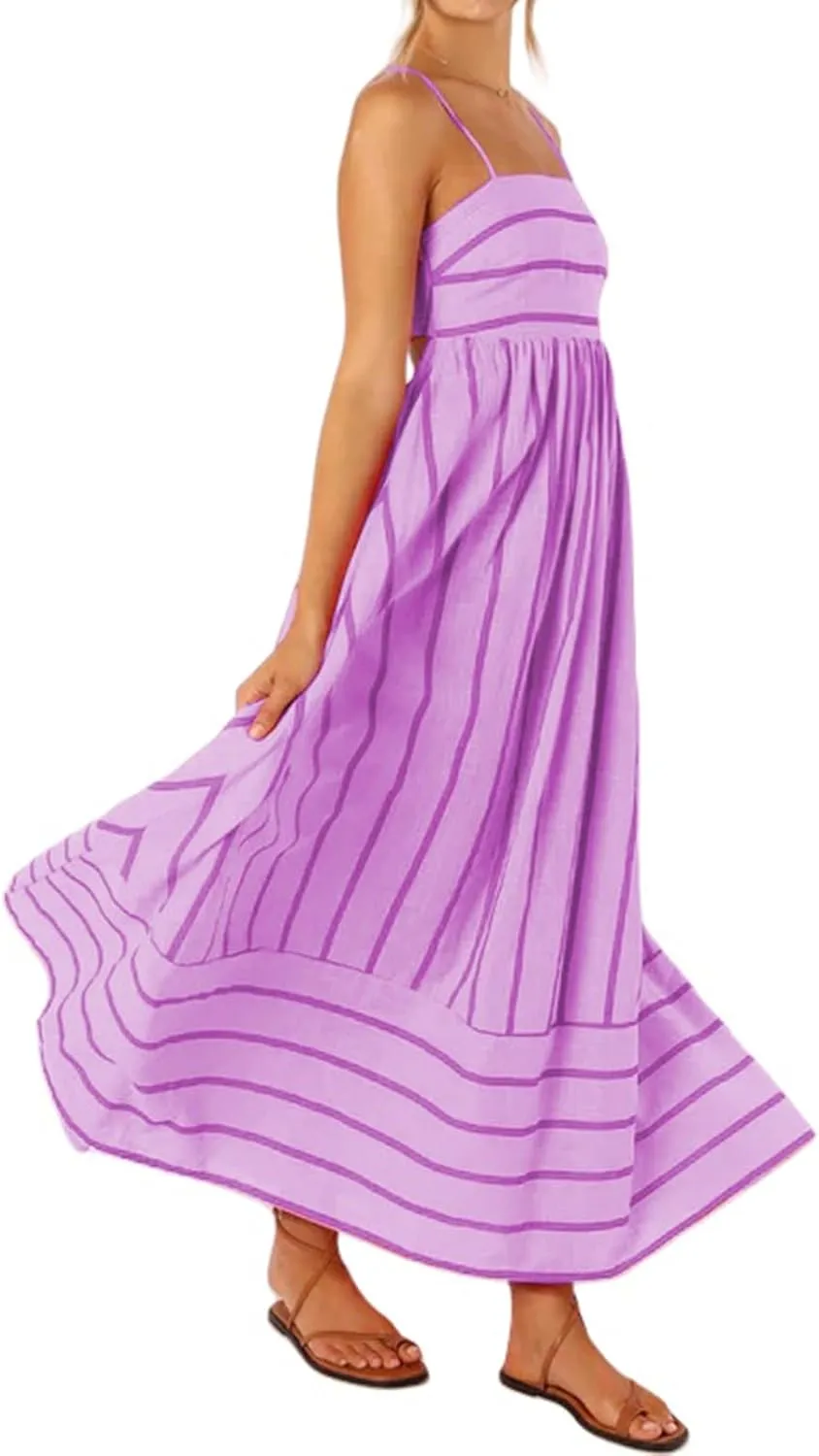 Womens Summer Striped Back Smocked Maxi Sundresses Sleeveless Suspender Swing Casual Bohemian Dress