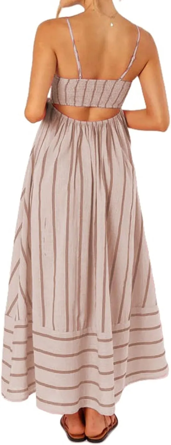 Womens Summer Striped Back Smocked Maxi Sundresses Sleeveless Suspender Swing Casual Bohemian Dress