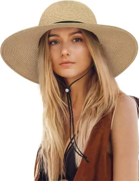Womens Sun Hat Wide Brim Foldable Beach Hats for Women UV Protection Summer Straw Hat with Wind Lanyard