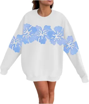 Womens Sweatshirt Floral Print Trendy Comfy Sweatshirts Drop Shoulder Long Sleeve Crewneck Casual Tshirts Clothing