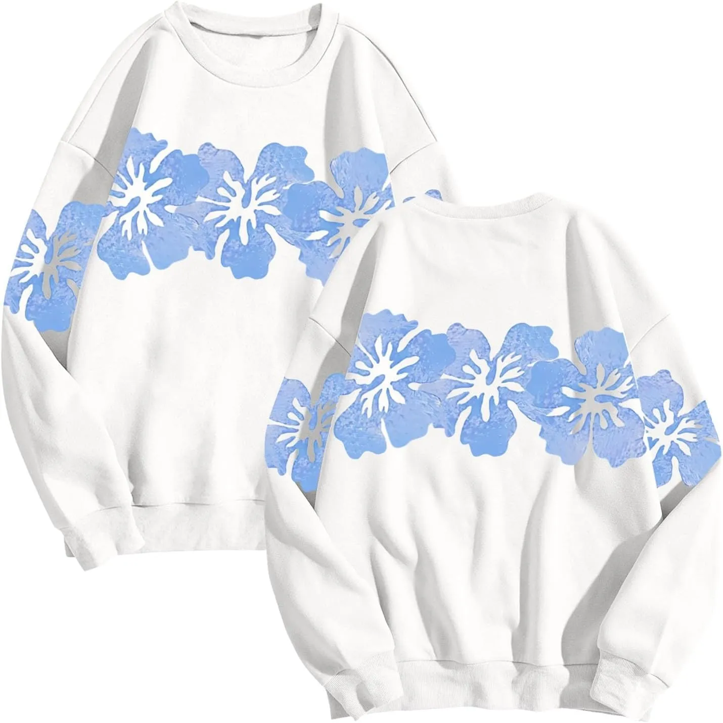 Womens Sweatshirt Floral Print Trendy Comfy Sweatshirts Drop Shoulder Long Sleeve Crewneck Casual Tshirts Clothing