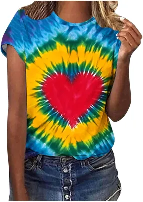 Womens Teen Girls Tie Dye T-Shirt Plus Size Short Sleeve Summer Tops Rainbow Casual Loose Fite Cute Out Tees Tshirt