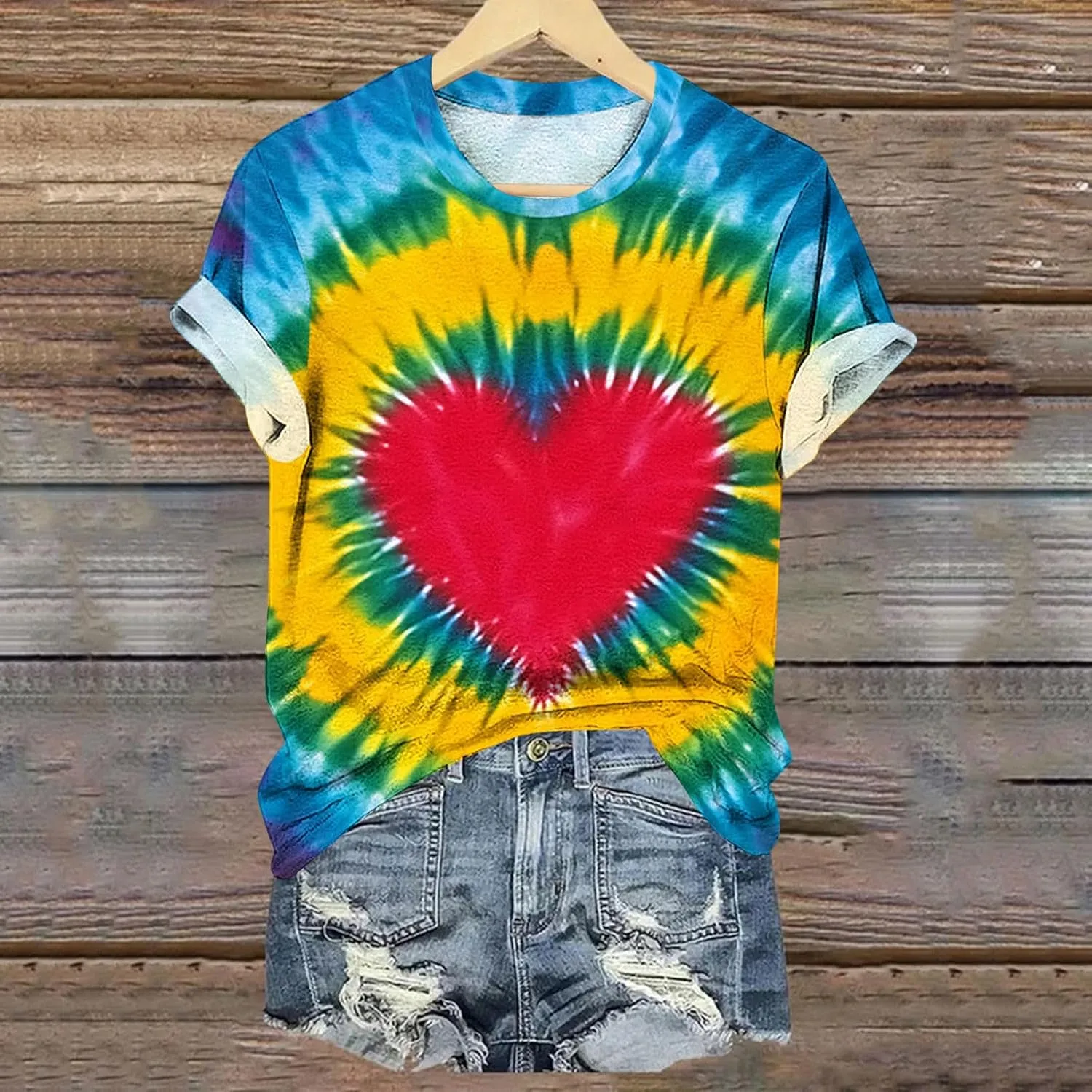 Womens Teen Girls Tie Dye T-Shirt Plus Size Short Sleeve Summer Tops Rainbow Casual Loose Fite Cute Out Tees Tshirt